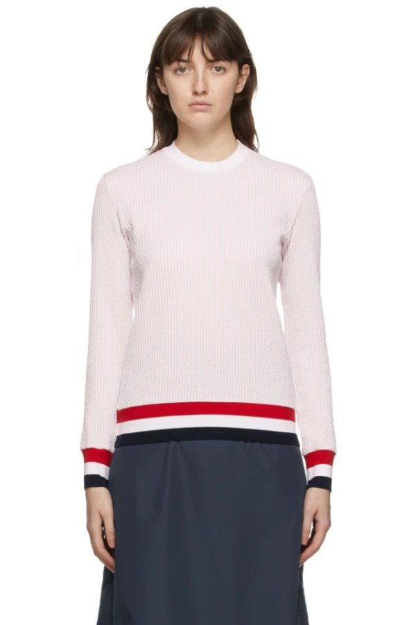Pink Seersucker Tricolor Trim Sweatshirt