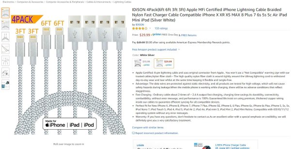 IDiSON Lightning to USB 苹果数据线 2根3英尺+2根6英尺