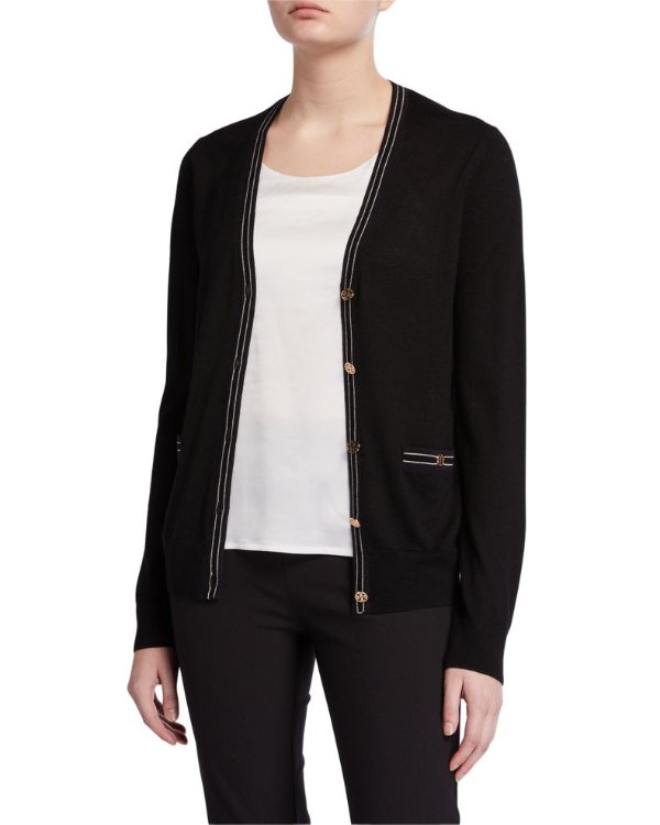 Madeline Wool V-Neck Button-Front Cardigan w/ Contrast Trim