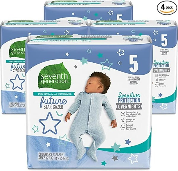 Seventh Generation Baby Free & Clear Overnight Diapers, Stage 5, 27-35lbs, 80 Count