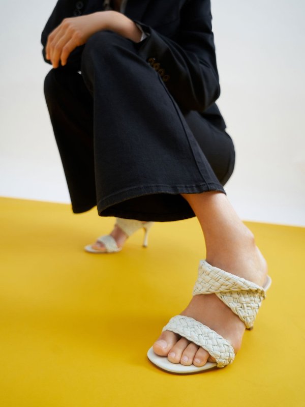 White Double Strap Woven Heeled Mules | CHARLES &amp; KEITH