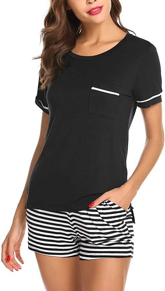 Womens Pajama Set Striped Short Sleeve Sleepwear Pjs Sets(S-XXL)