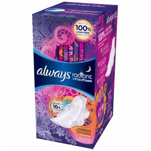 Always Radiant Overnight Feminine Pads with Wings Scented22 Count Pack of 3
