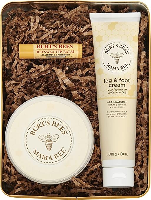 Gift Set, 3 Pregnancy Skin Care Products - Mama Belly Butter, Lip Balm Original Beeswax, Leg & Foot Cream, with Giftable Tin