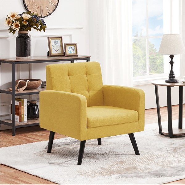 Modern Tufted Accent Arm Chair with Rubber Wood Leg for Living room, Yellow