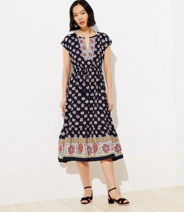 Petite Border Floral Tasseled Drawstring Midi Dress | LOFT