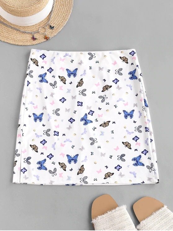 Side Slit Butterfly Print Mini Skirt WHITE