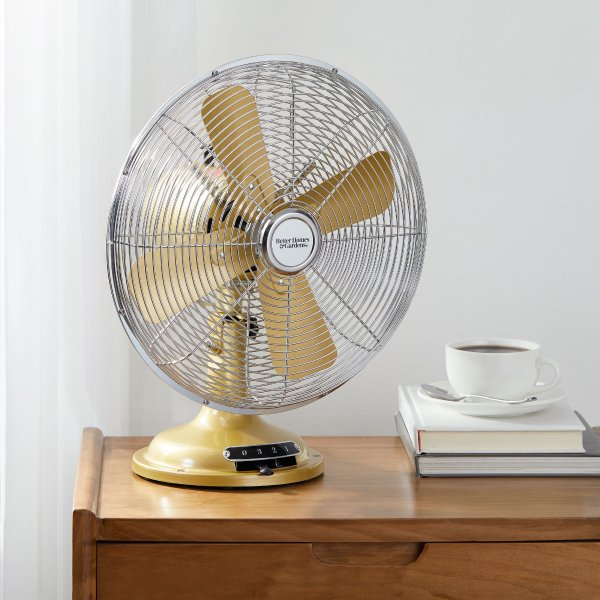 New 12 inch Retro 3-Speed Metal Tilted-Head Oscillation Table Fan Gold