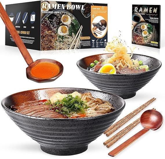 Ramen Soup Bowls Set of Ceramic,2 Sets of 34 Ounces Serving Bowls With Chopsticks and Spoons for Pasta Salad Cereal Mixing,Essential Dinnerware for New Apartments Suitable as Housewarming Gifts