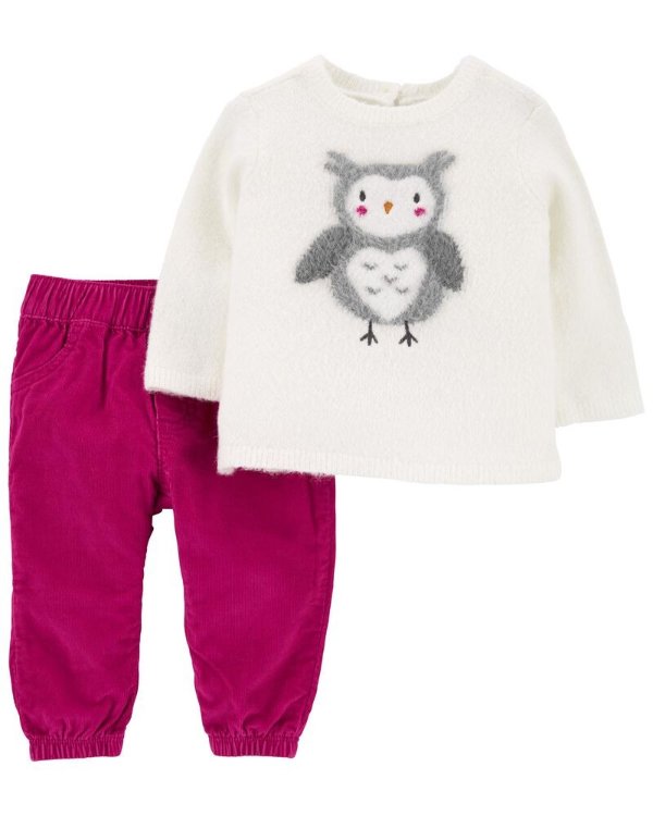 2-Piece Owl Sweater & Corduroy Pant Set