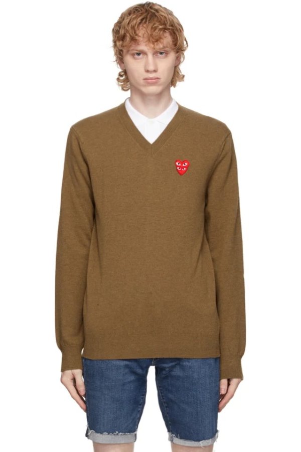 Brown Double Heart V-Neck Sweater