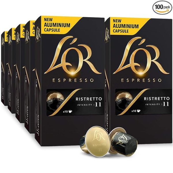L'OR Espresso Pods, 100 Capsules Ristretto, Single Cup Aluminum Coffee Capsules Compatible with Nespresso Original Machine