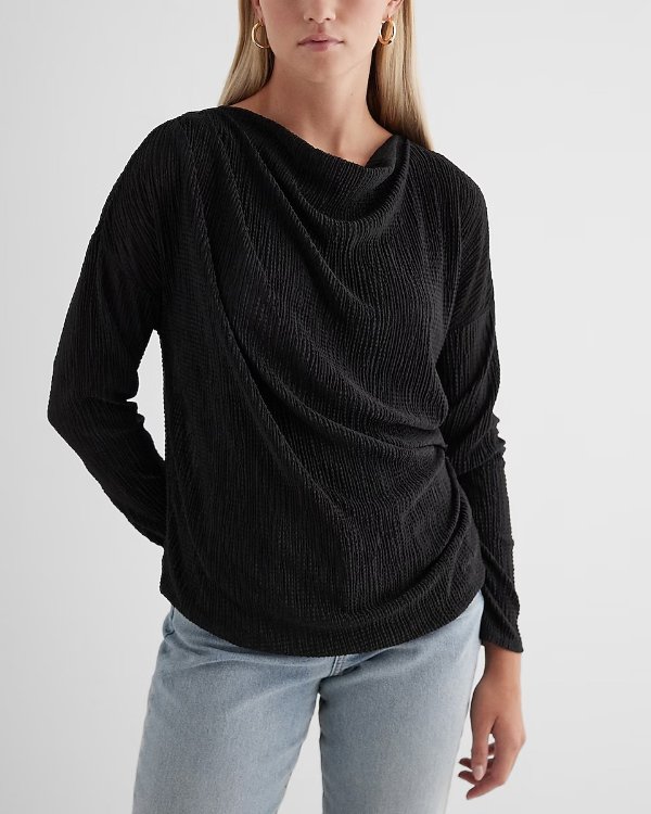 Skimming Textured Draped Cowl Neck Ruched Side Top