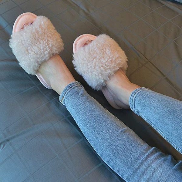 Womens Open Toe Slippers, Memory Foam House Slippers Indoor Bedroom with Furry Fur, Cozy Non-Slip Home Shoes for Women Black Pink Grey