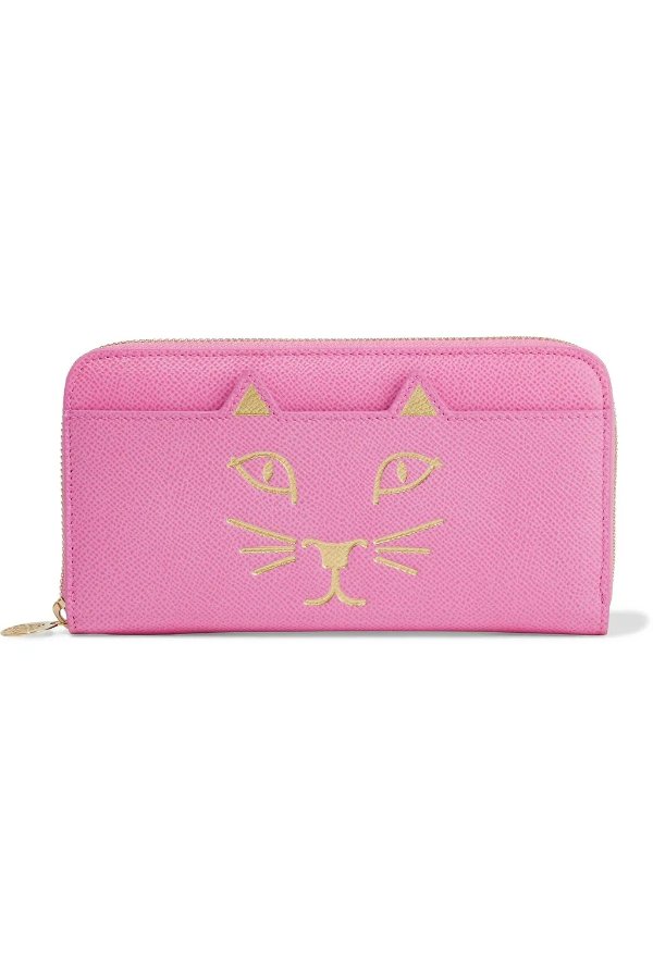 Feline printed textured-leather continental wallet