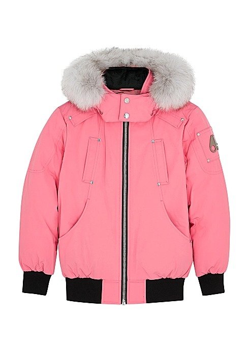 Pink fur-trimmed canvas bomber jacket