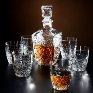 Set Of 6 Rocks Glasses And Bormioli Rocco Dedalo 7-Piece Whiskey Decanter Set