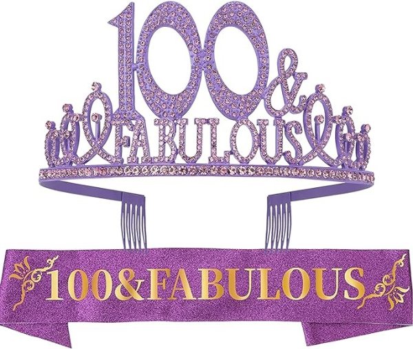 100th Birthday Sash and Tiara for Women - Fabulous Glitter Sash + Fabulous Rhinestone Purple Premium Metal Tiara for Her, 100th Birthday Gifts for 100 Celebration