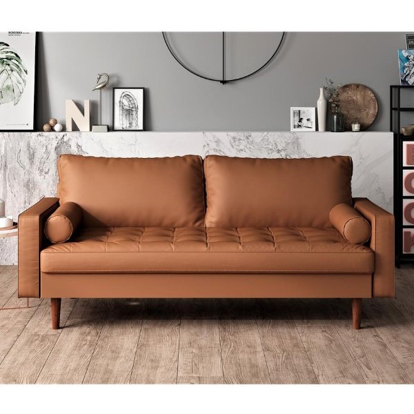 Lincoln 69.7 in. Brown Faux Leather 3-Seater Lawson Sofa with Removable Cushions