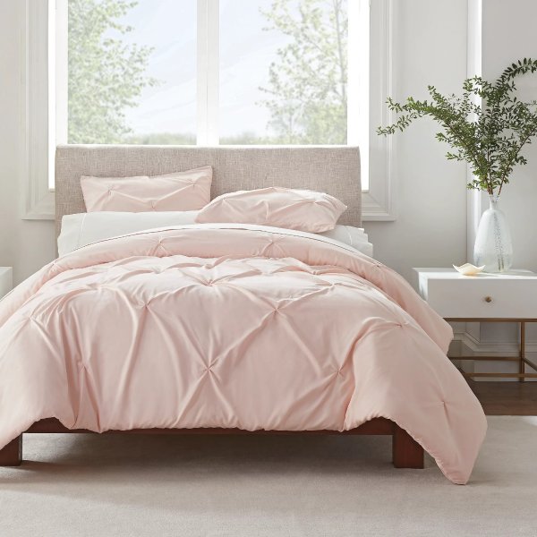 Simply Clean Pleated 3-Piece Solid Duvet Set, Pink, King