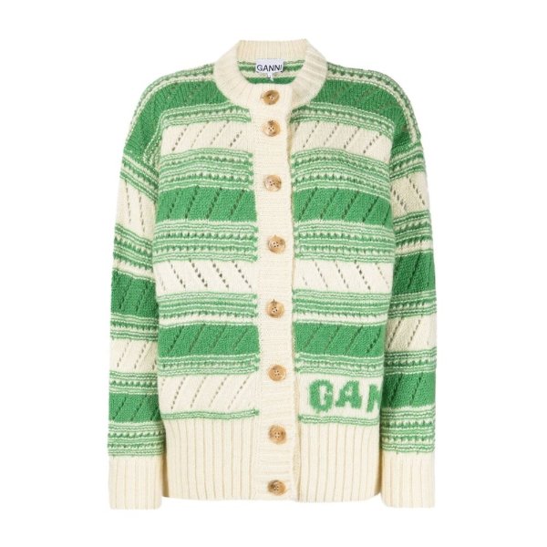 【23年秋冬新品】GANNI甘尼 女士绿色条纹羊毛系扣毛衣开衫