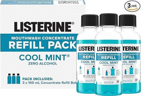 Zero Alcohol Mouthwash Concentrate Refill Pack, Alcohol-Free Oral Rinse Kills 99% of Bad Breath Germs, Cool Mint, Contains 3 x 100 mL Concentrated Mouthwash Refill Bottles