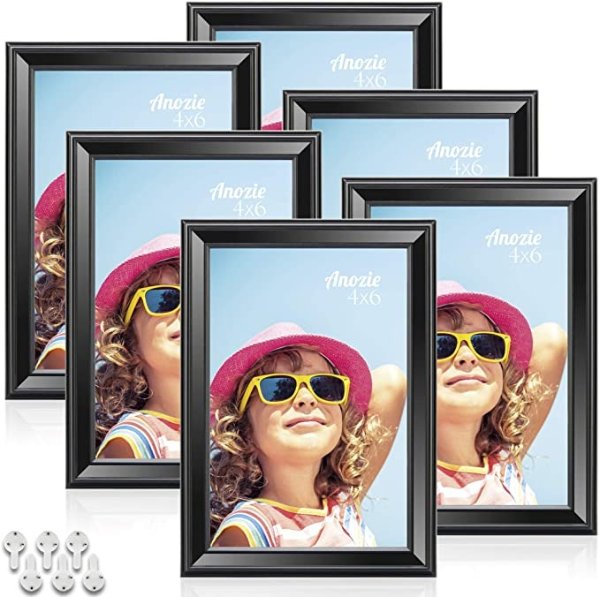 Anozie 4X6 Picture Frames(6 Pack,Black) Simple Line Moulding Photo Frame Set with HD Real Glass for Tabletop or Wall Mount Display, Minimalist Collection (Black, 4X6)