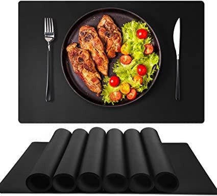 Silicone Placemat Kids Placemat, GOYLSER Black Placemats Set of 6, Baby Non Slip Easy Clean Placemats, Wipeable Waterproof Washable Placemats (Black)