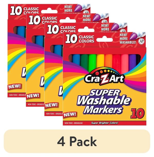 (4 pack) Cra-Z-Art Classic Multicolor Broad Line Washable Markers, 10 Count, Back to School Supplies