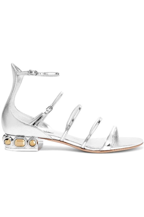 Embellished metallic and mirrored-leather sandals