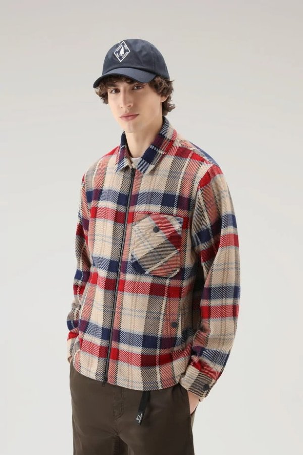 Timber Check Overshirt in Manteco Wool Cotton Blend Fabric Red Check