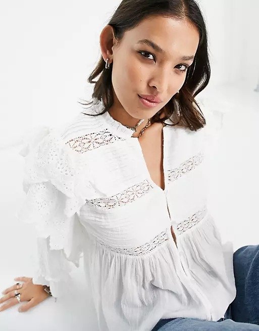 cotton lace mix button front blouse in ivory