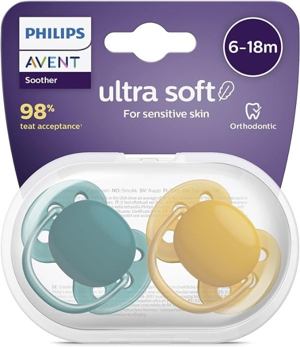 Avent Ultra Soft Pacifier 2 Pack - BPA-Free Dummy for Babies from 6-18 Months (Model SCF091/04)