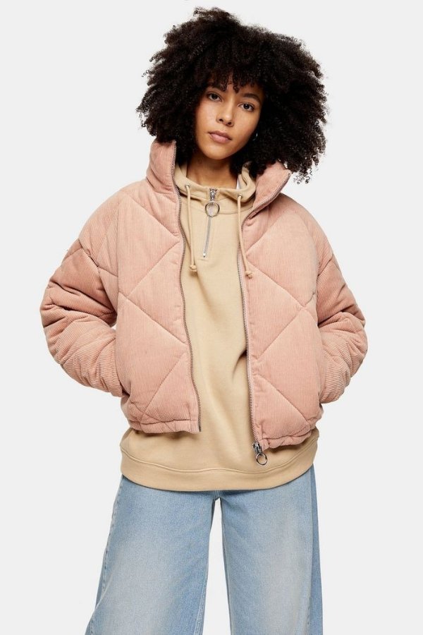 Pink Corduroy Padded Puffer Jacket