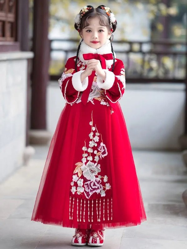 Floral Embroidery Girl's Han Chinese Costume Princess Dress with  Water-sleeve