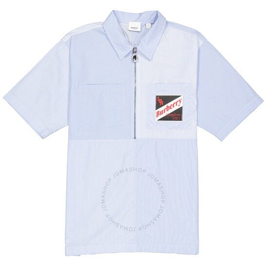 Pale Blue Cotton Short-sleeve Logo Graphic Patchwork Shirt