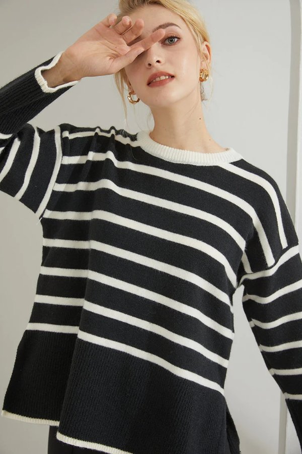 Soft Striped Knit Sweater (Black)