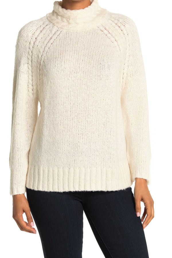 Cable Mock Neck Raglan Pullover Sweater