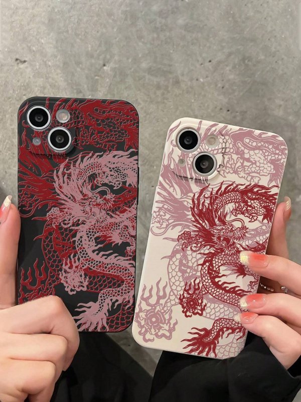 2pcs Chinese Dragon Patterned Shockproof Phone Case With Straight Edge Compatible For Iphone, Galaxy, Xiaomi, Redmi