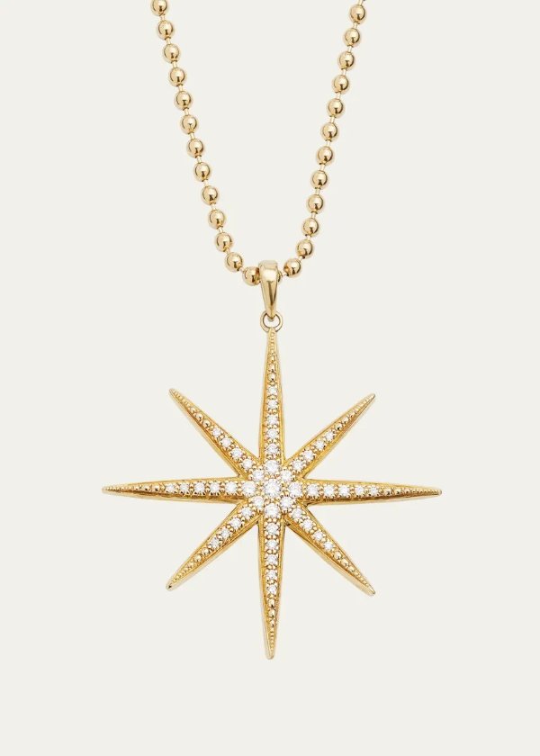 14K Diamond Star Charm on Large Ball Chain Necklace