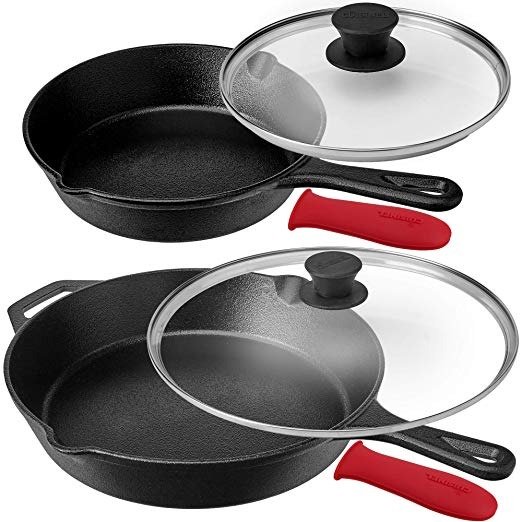 Pre-Seasoned Cast Iron Skillet Set (8-Inch and 12-Inch) with Glass Lids - Oven Safe Cookware - Heat-Resistant Holders - Indoor and Outdoor Use - Grill, Stovetop, Induction Safe