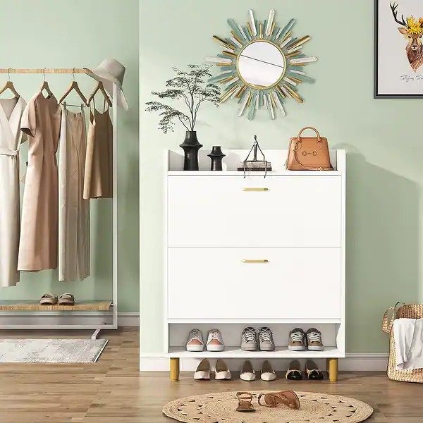 Shoe Storage Storage, Freestanding Shoe Cabinet with 2 Drawers and Open Shelves for Entryway - 2-Tier - white