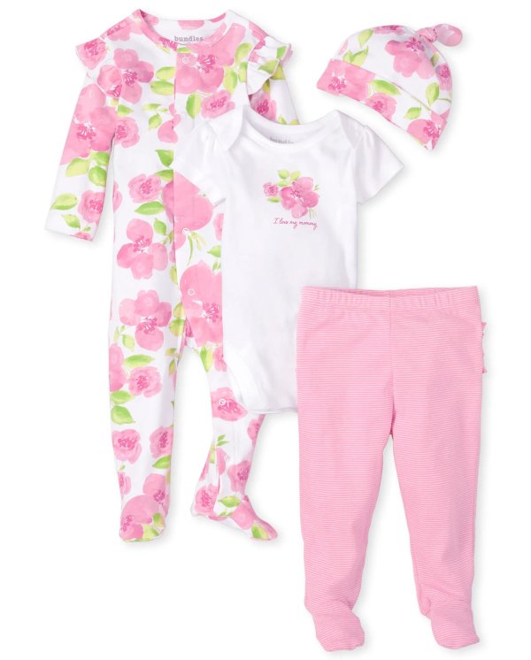 Baby Girls Long Sleeve Rose Print Sleep And Play Short Sleeve Bodysuit Striped Knit Ruffle Pants And Print Knotted Hat 4-Piece Take Me Home Set