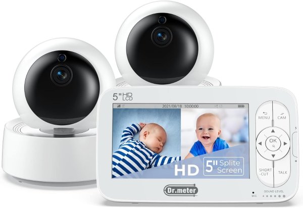 Split Screen Baby Monitor with 2 Cameras, 5'' Large Display Video Baby Monitor With Camera and Audio, 720p Hd, Remote Pan-Tilt-Zoom, 2-Way Talk, 1000ft Range, Night Vision, Room Temperature, No Wifi