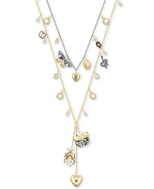 Two-Tone Crystal & Imitation Pearl Charm 14-4/5" Magnetic Double-Layer Necklace