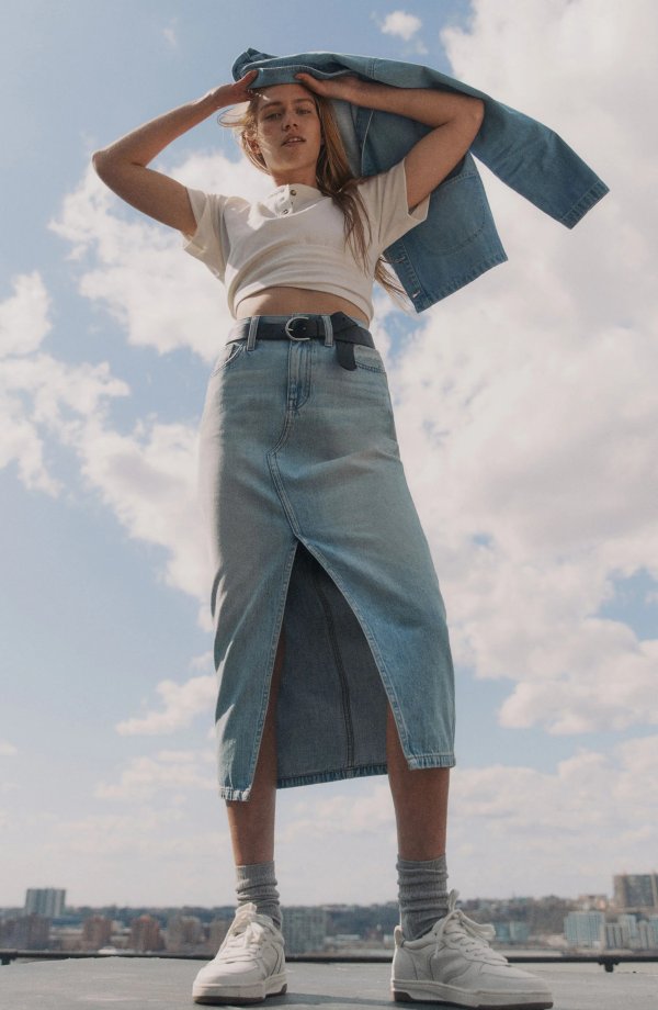 Rigid Denim A-Line Midi Skirt