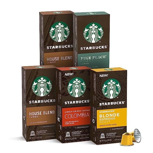 Starbucks by Nespresso, Mild Variety Pack (50-count single serve capsules, 10 of each flavor, compatible with Nespresso Original Line System)