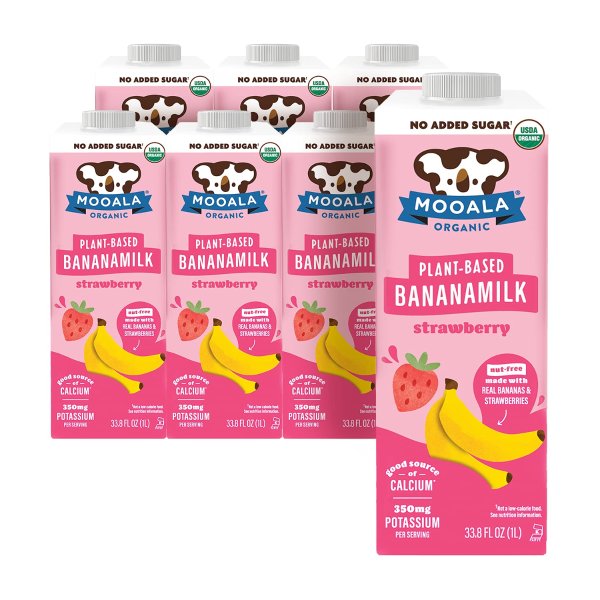 Mooala – Organic Strawberry Bananamilk, 1L (Pack of 6) – Shelf-Stable, Non-Dairy, Nut-Free, Gluten-Free, Plant-Based Beverage with No Added Sugar