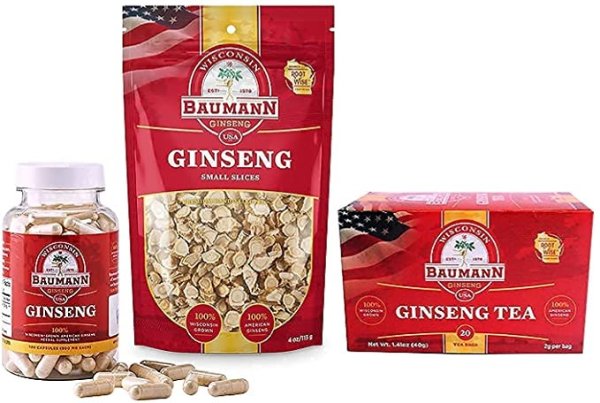 Starter Bundle - Authentic American Ginseng Capsules - 01 Pack - Ginseng Tea Bag - Authentic Panax Pure Ginseng Roots, Strength, Grown in Wisconsin - Pack 01 - Ginseng Small Slices (01 Pack)