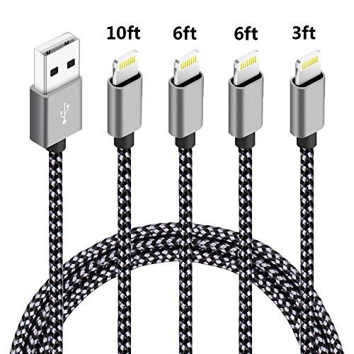4 Pack (3ft,6ft,6ft,10ft) Nylon Braided Charging Cord Charger Compatible with PhoneX/8/8Plus 7/7 Plus/6s/6s Plus/6/6 Plus/5s/55se,Pad,Pod-Black+Gray